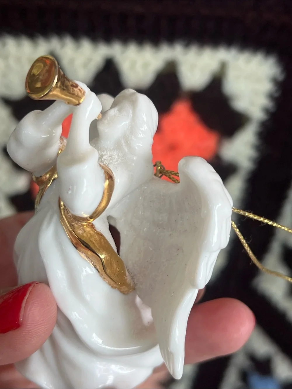 Vintage White Angel Bell Figurine Gold Trim Christmas Ornament Hanging Decor